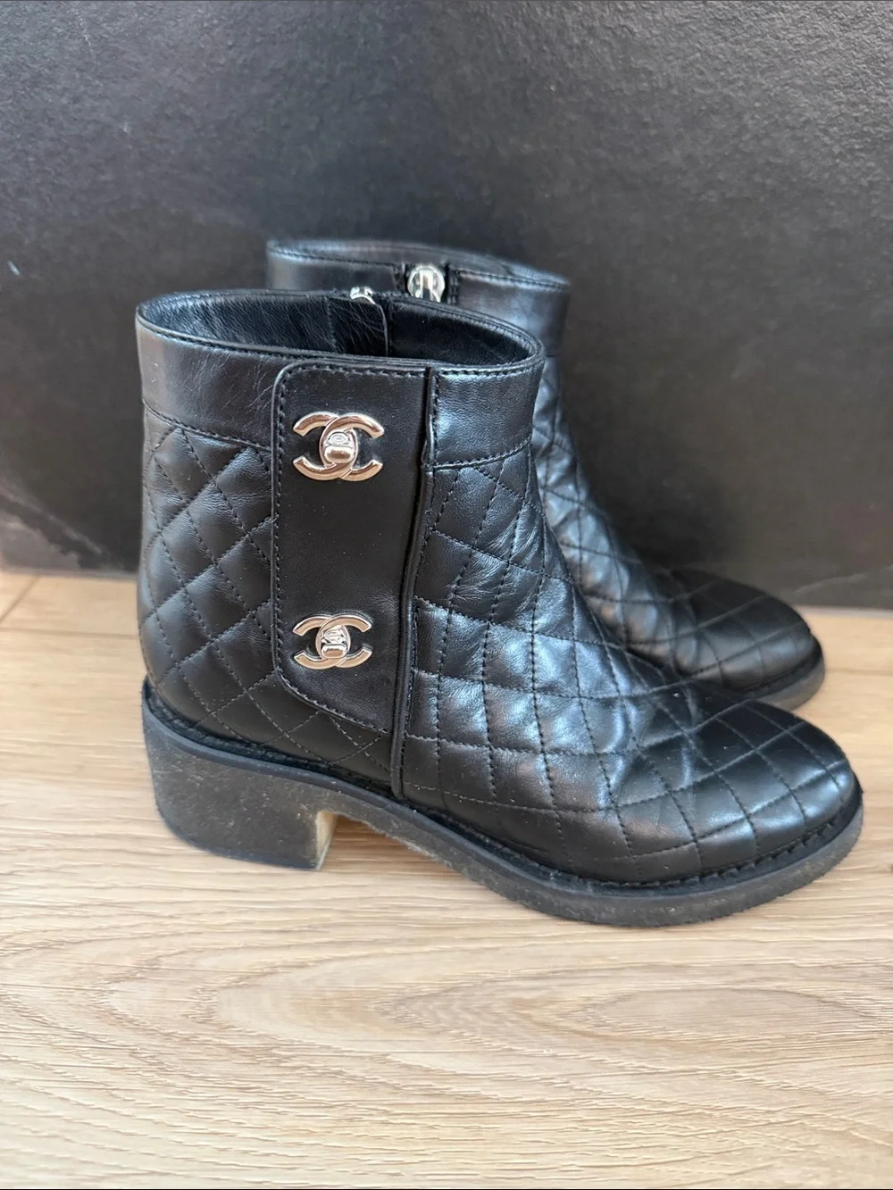 CHANEL Black Quilted Lambskin Ankle Boots with Silver CC Emblems